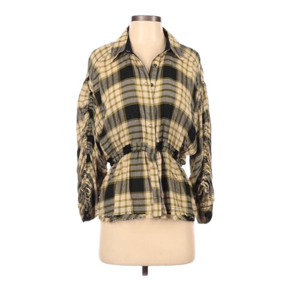 Free People Long Sleeve Button Up Shirt Size XS Black Tan Plaid Cinch Waist NEW